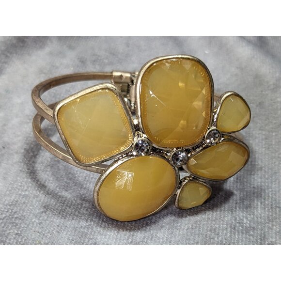 Chunky Retro Yellow Gemmed Gold-Tone Cuff Bracelet With Rhinestone Accents - Picture 4 of 6